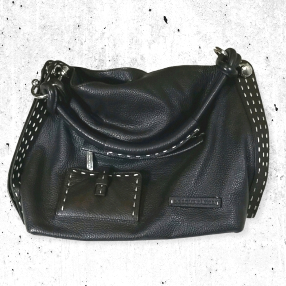 BCBG MAX AZRIA Italian dark brown Leather Signature Hobo Satchel Handbag Purse